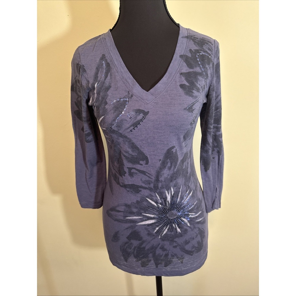 International Concepts Y2K Long Sleeve Top Floral Sequin W/Stretch Blue Womens M